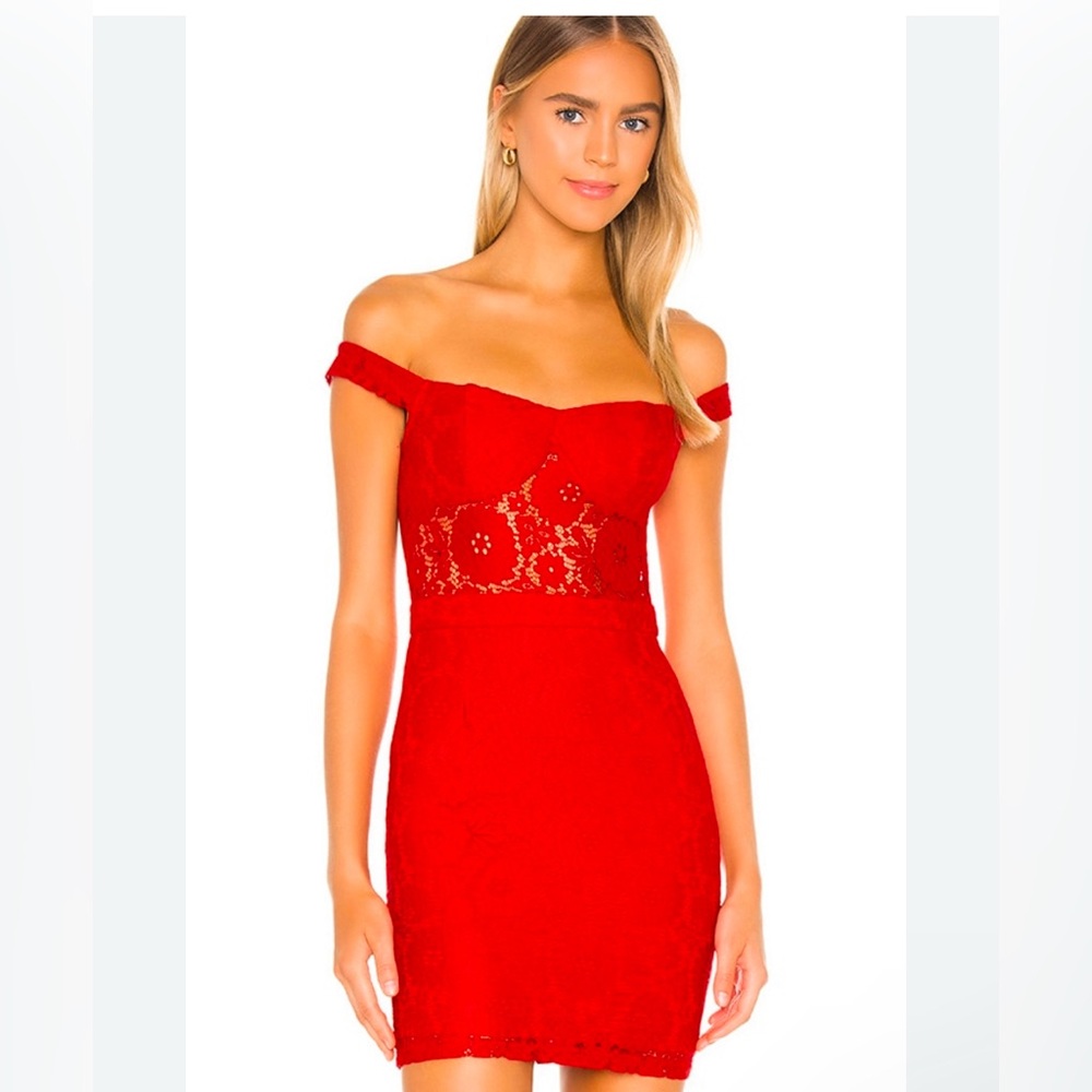 Superdown Red Dress Lace Mini naressa Off the Shoulder Bodycon REVOLVE size M